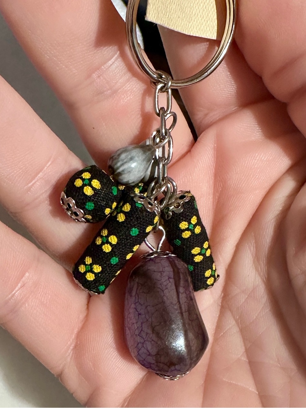 Handmade Purple Cracked Agate & Floral Fabric Beads with Stone Accents Keychain - Picture 1 of 3